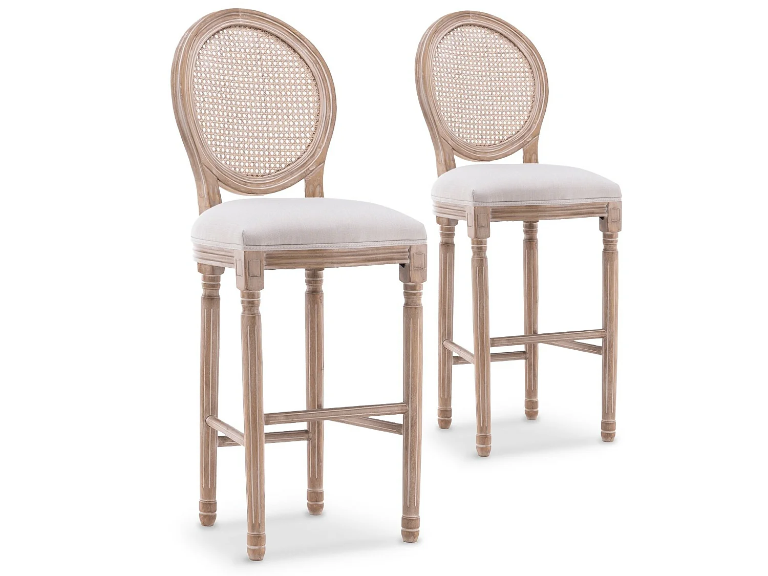 Lot de 2 chaises de bar médaillon Louis XVI cannage rotin tissu Beige