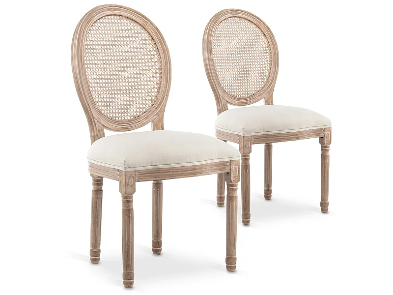 Lot de 2 chaises médaillon Louis XVI Cannage Rotin tissu Beige