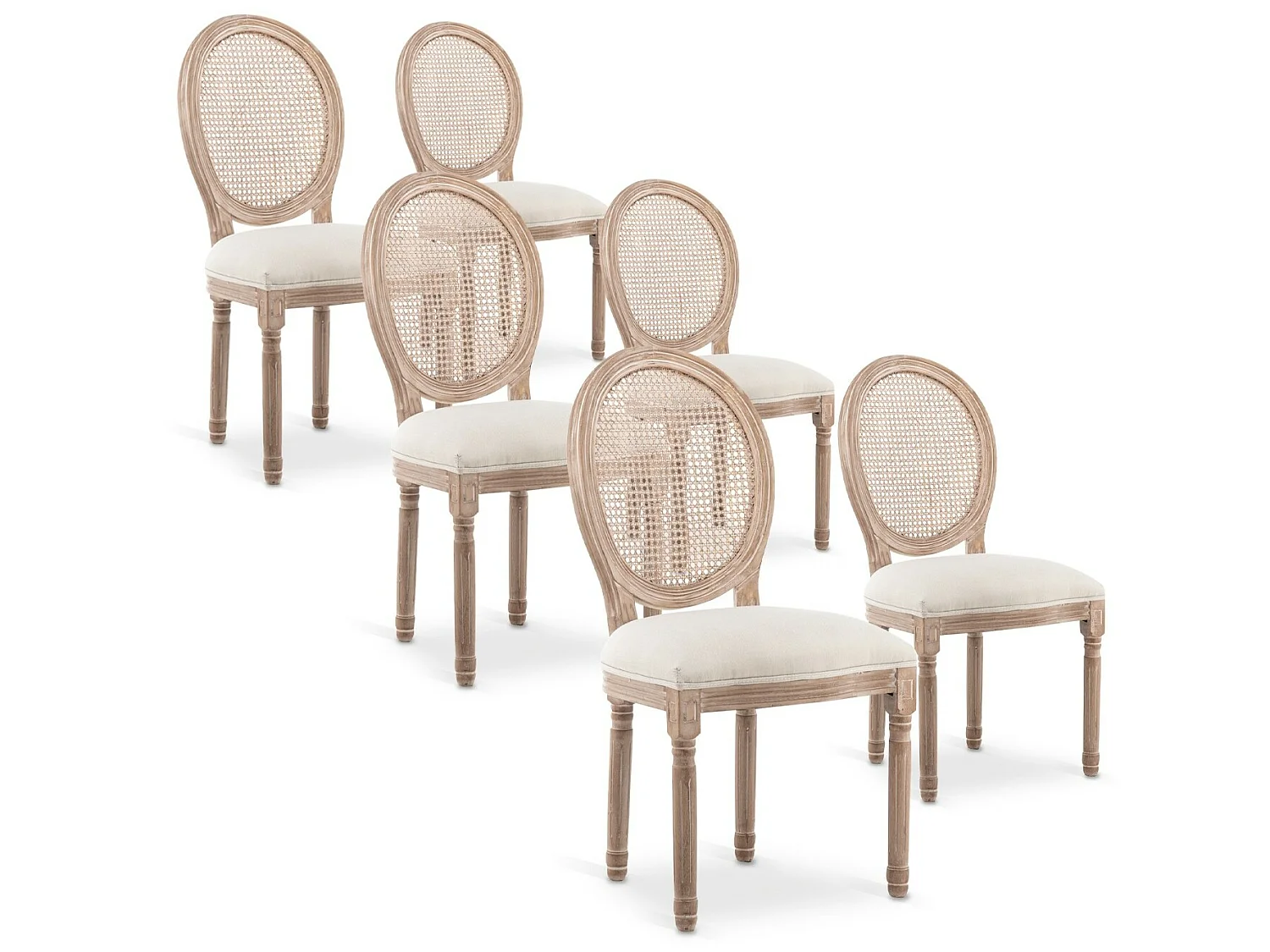 Lot de 6 chaises médaillon Louis XVI Cannage Rotin tissu Beige