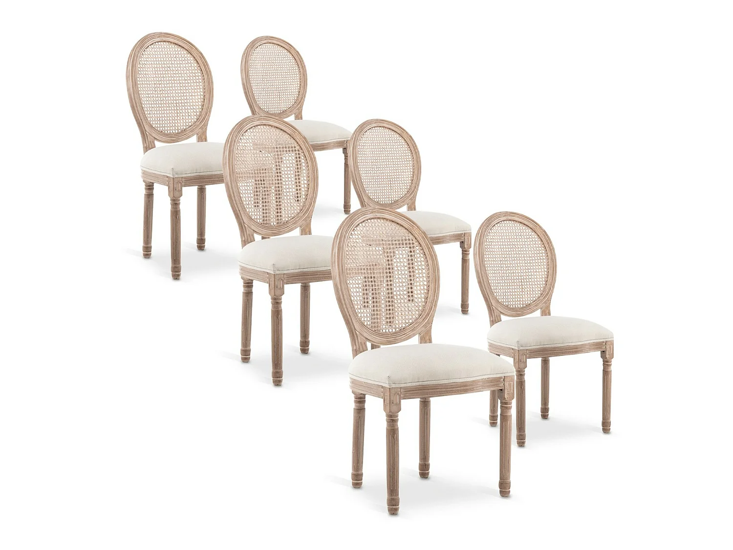 Lot de 6 chaises médaillon Louis XVI Cannage Rotin tissu Beige
