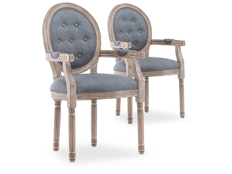 Lot de 2 fauteuils médaillon capitonnés Louis XVI tissu Gris