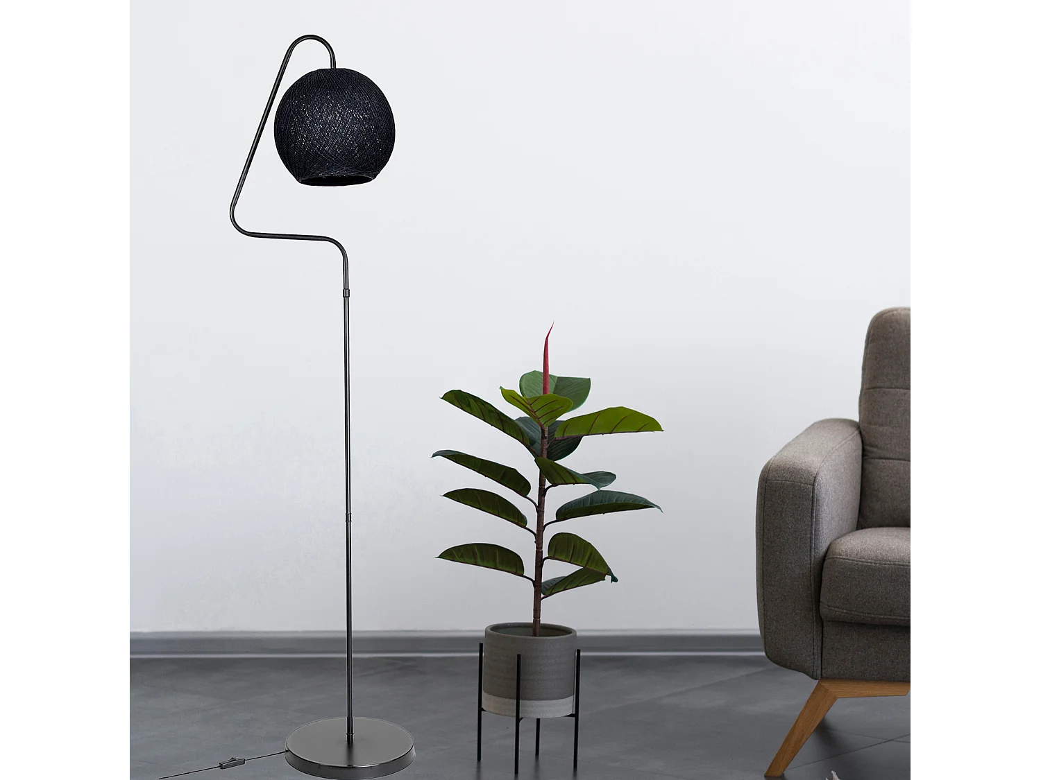 Lampadaire Littlehampton en métal et corde de jute hauteur 160 cm E27 noir [lux.pro]