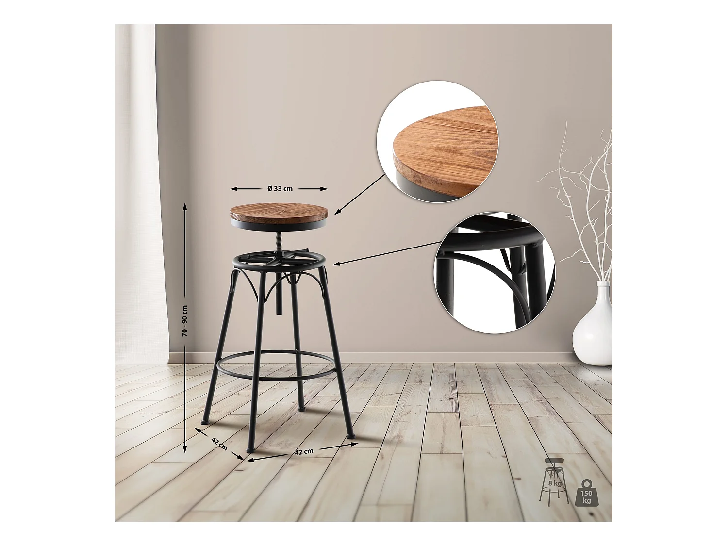 2er Set Barhocker - Metall & natura - schwarz - Beam