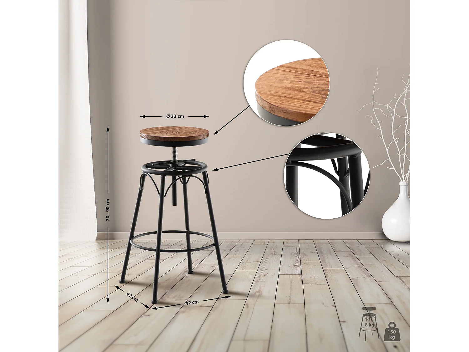 Lot de 2  Tabouret de bar - Métal - Noir - Beam