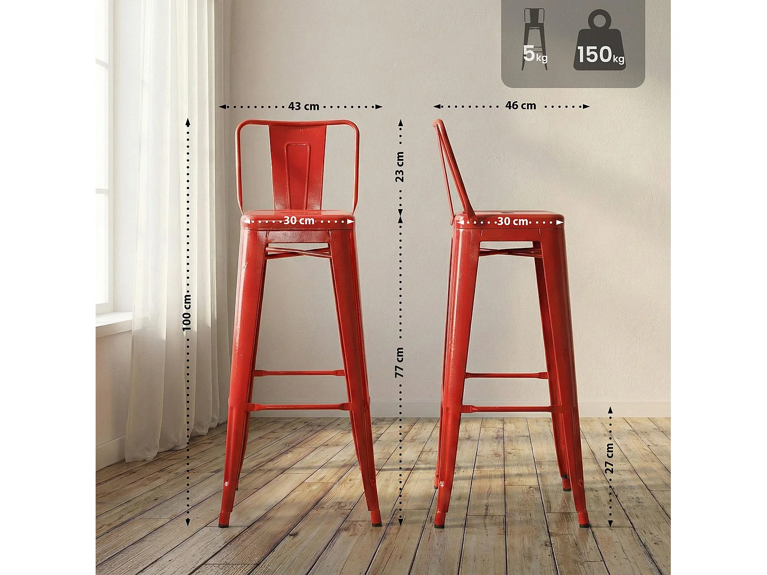 Lot de 4  Tabouret de bar - Métal & Nature - Rouge - Mason
