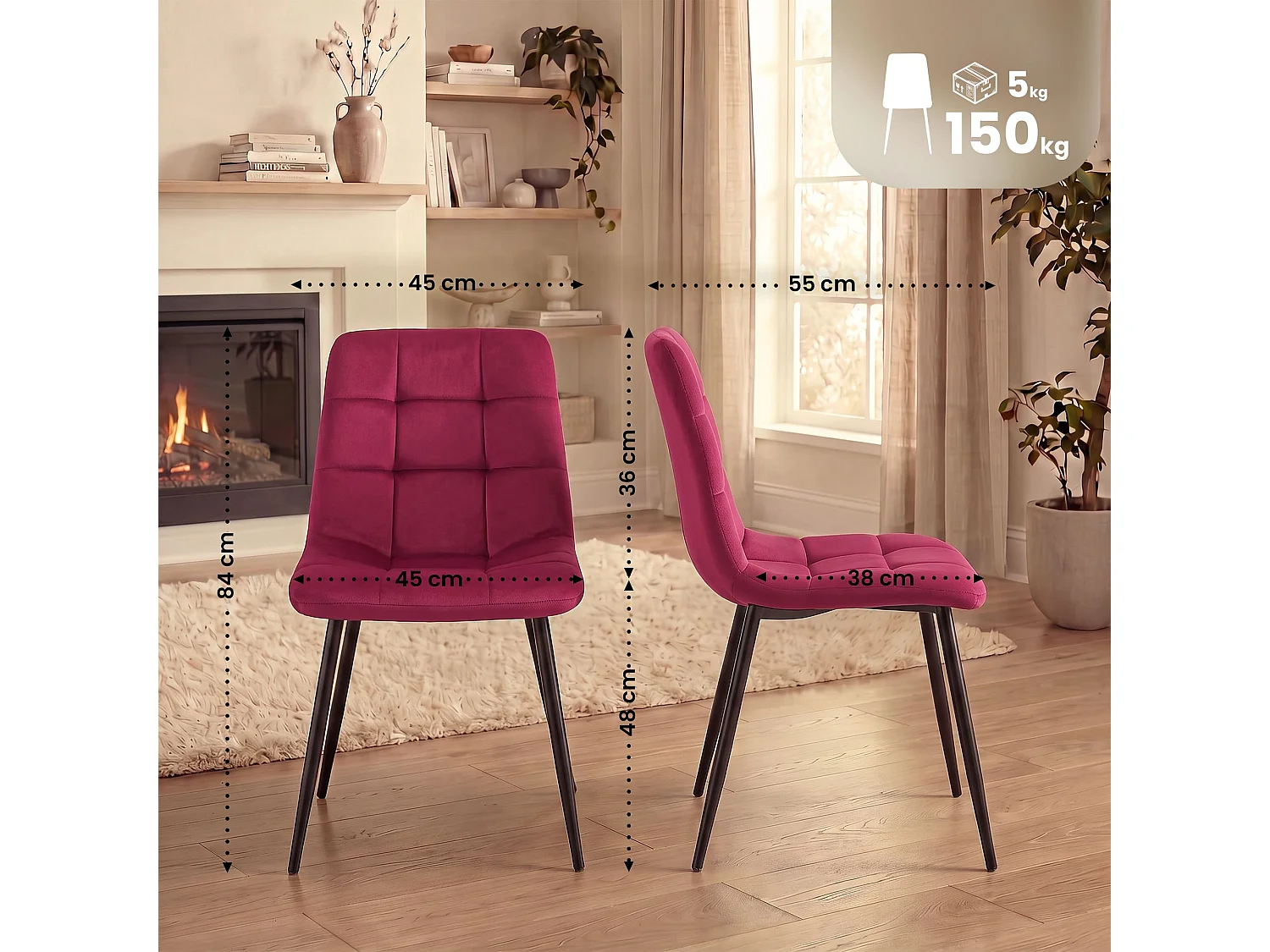 Lot de 4  chaise salle à manger - Velours - Rouge - Tilde