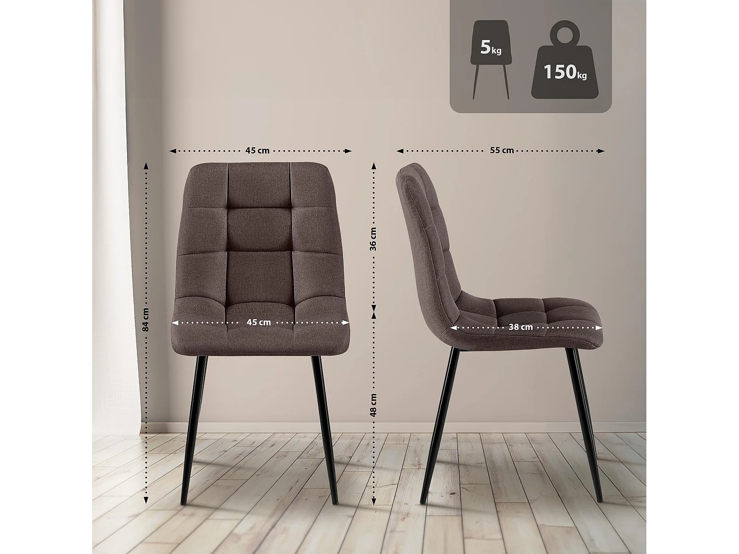 Lot de 4  chaise salle à manger - Tissu - Marron - Antibes