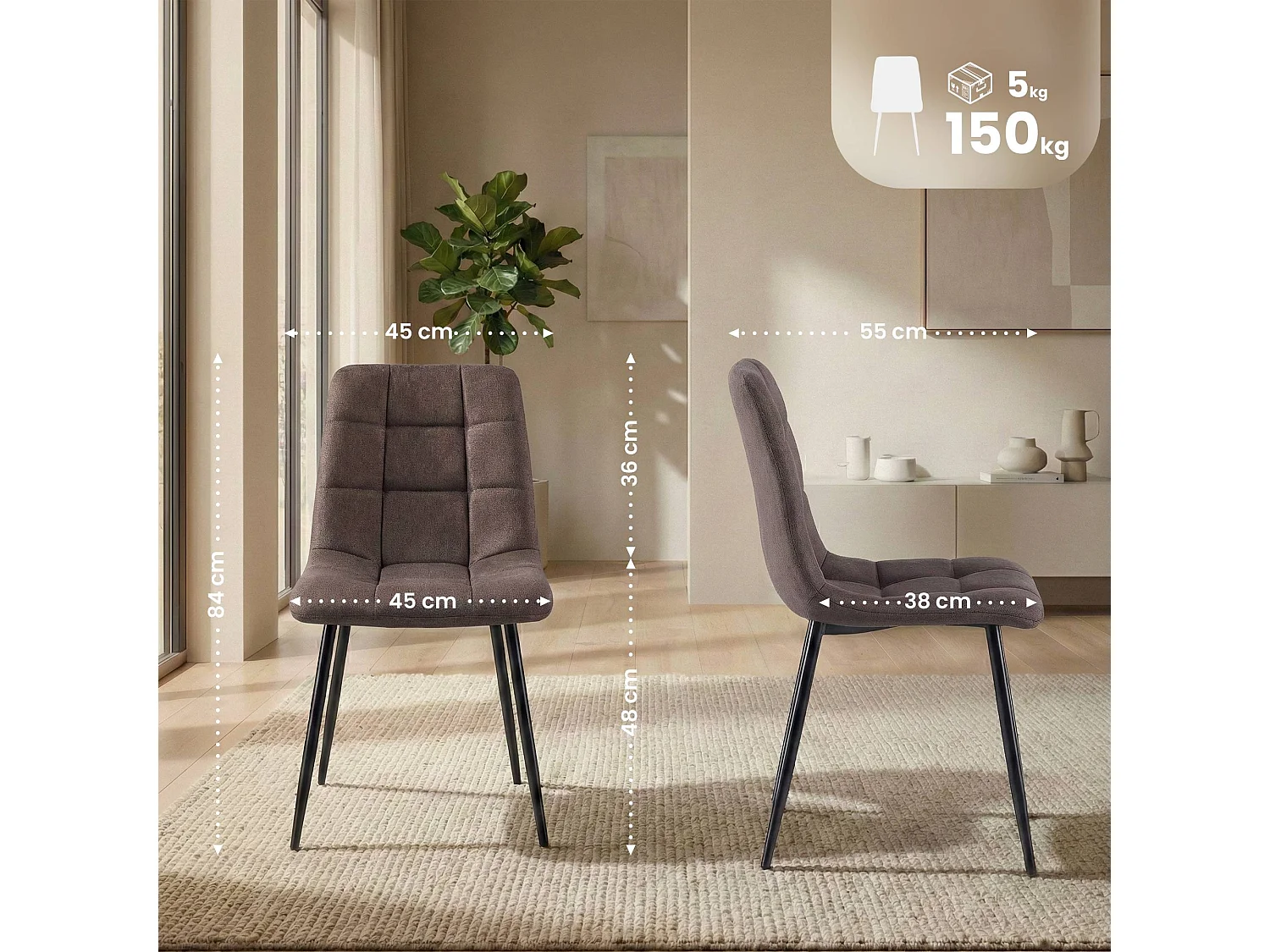 Lot de 4  chaise salle à manger - Tissu - Marron - Antibes