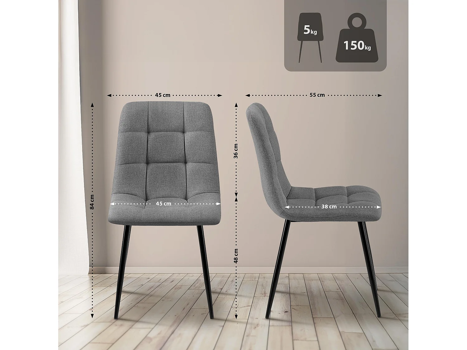 Lot de 4  chaise salle à manger - Tissu - Gris - Tilde