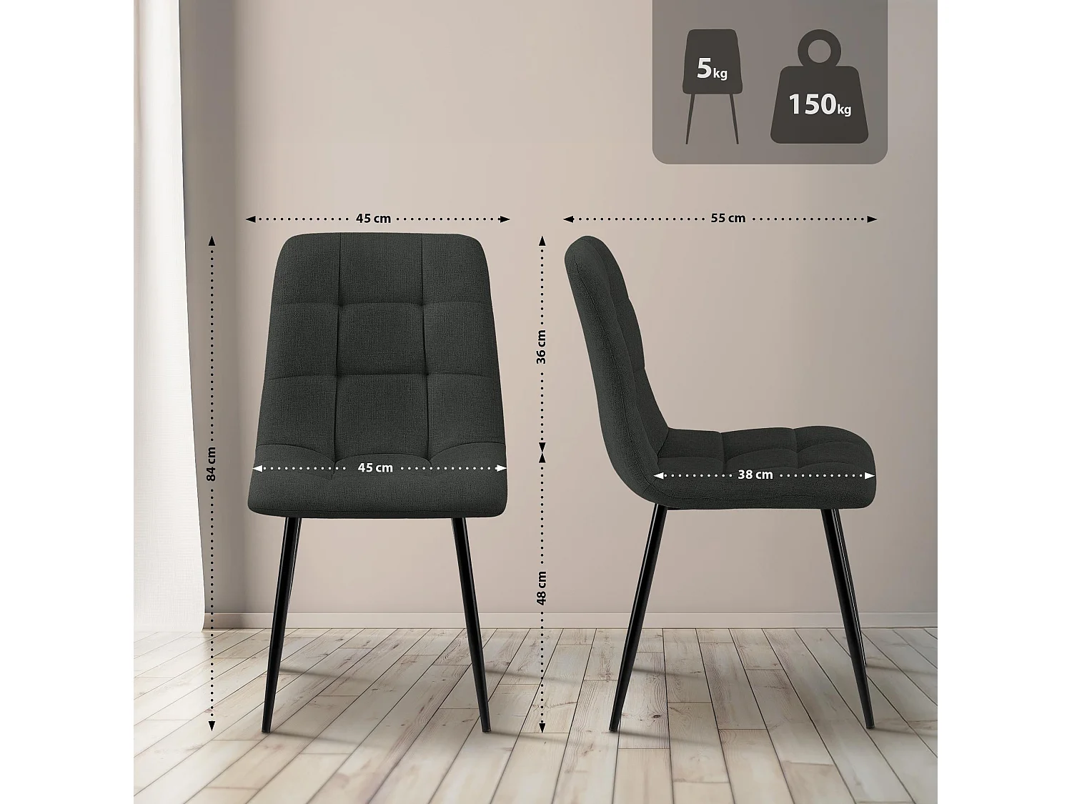 Lot de 4  chaise salle à manger - Tissu - Gris foncé - Tilde