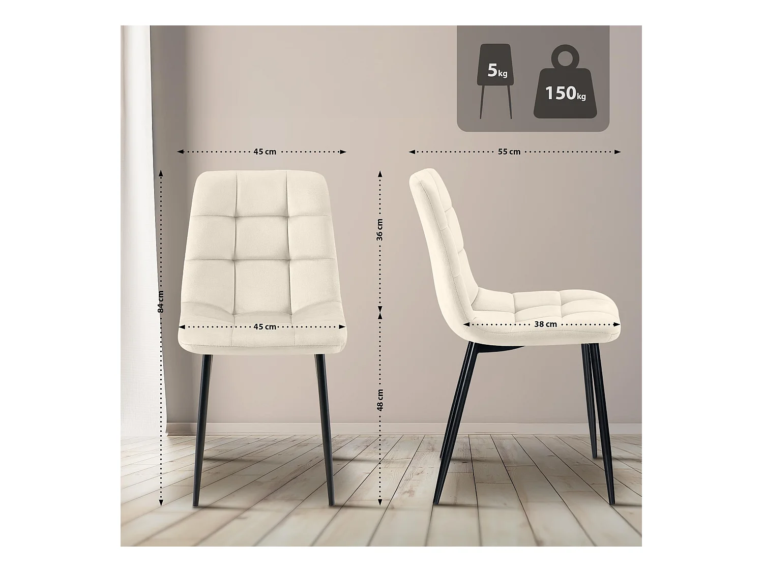 Lot de 4  chaise salle à manger - Velours - Crème - Tilde