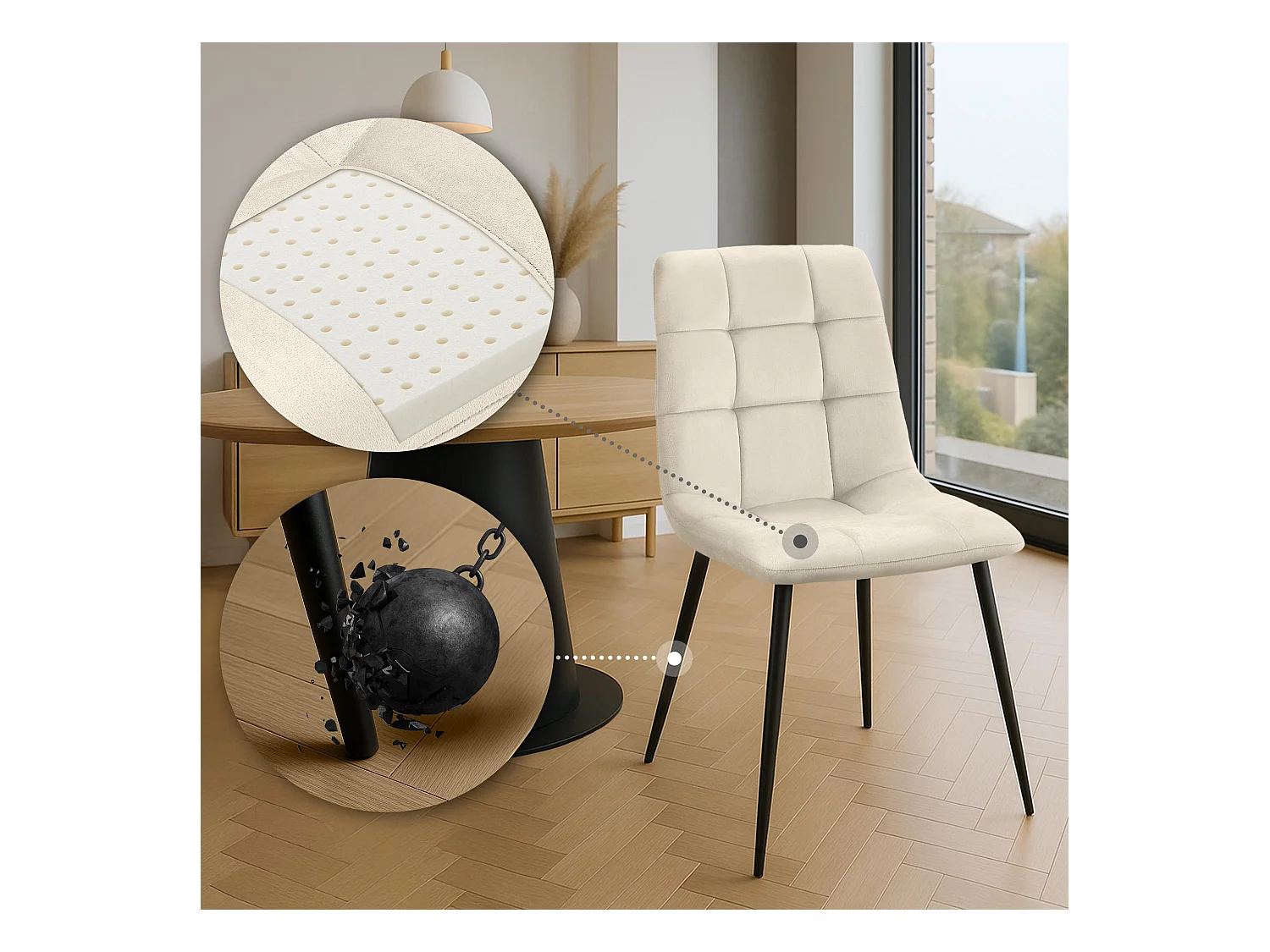 Lot de 4  chaise salle à manger - Velours - Crème - Tilde