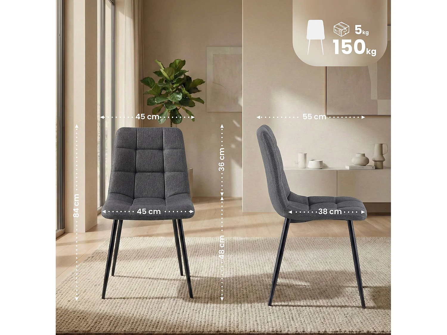 Lot de 4  chaise salle à manger - Tissu - Gris foncé - Antibe