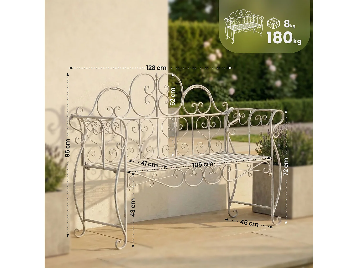Banc de jardin - Métal - Blanc antique - Minna