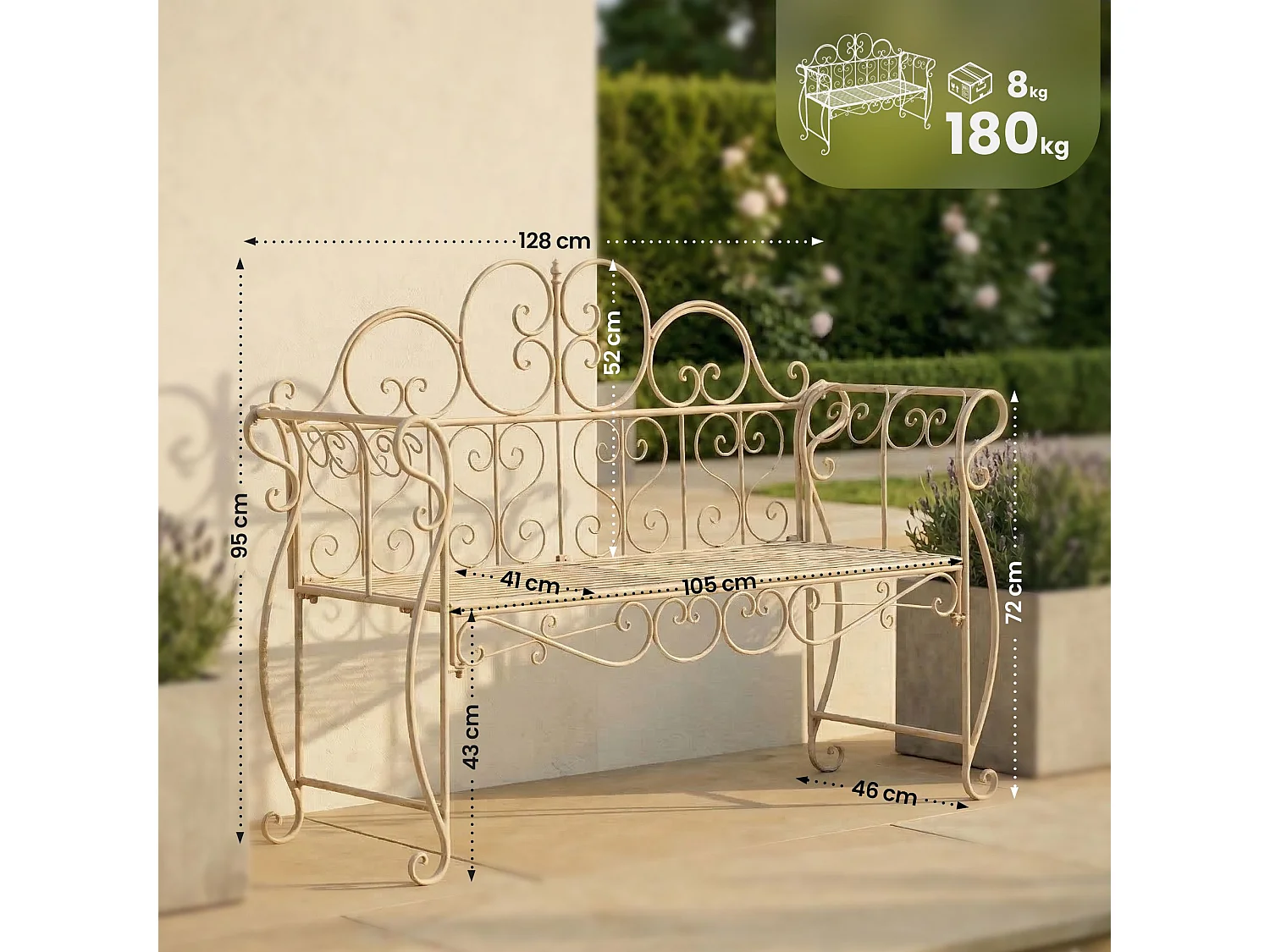 Banc de jardin - Métal - Crème antique - Minna
