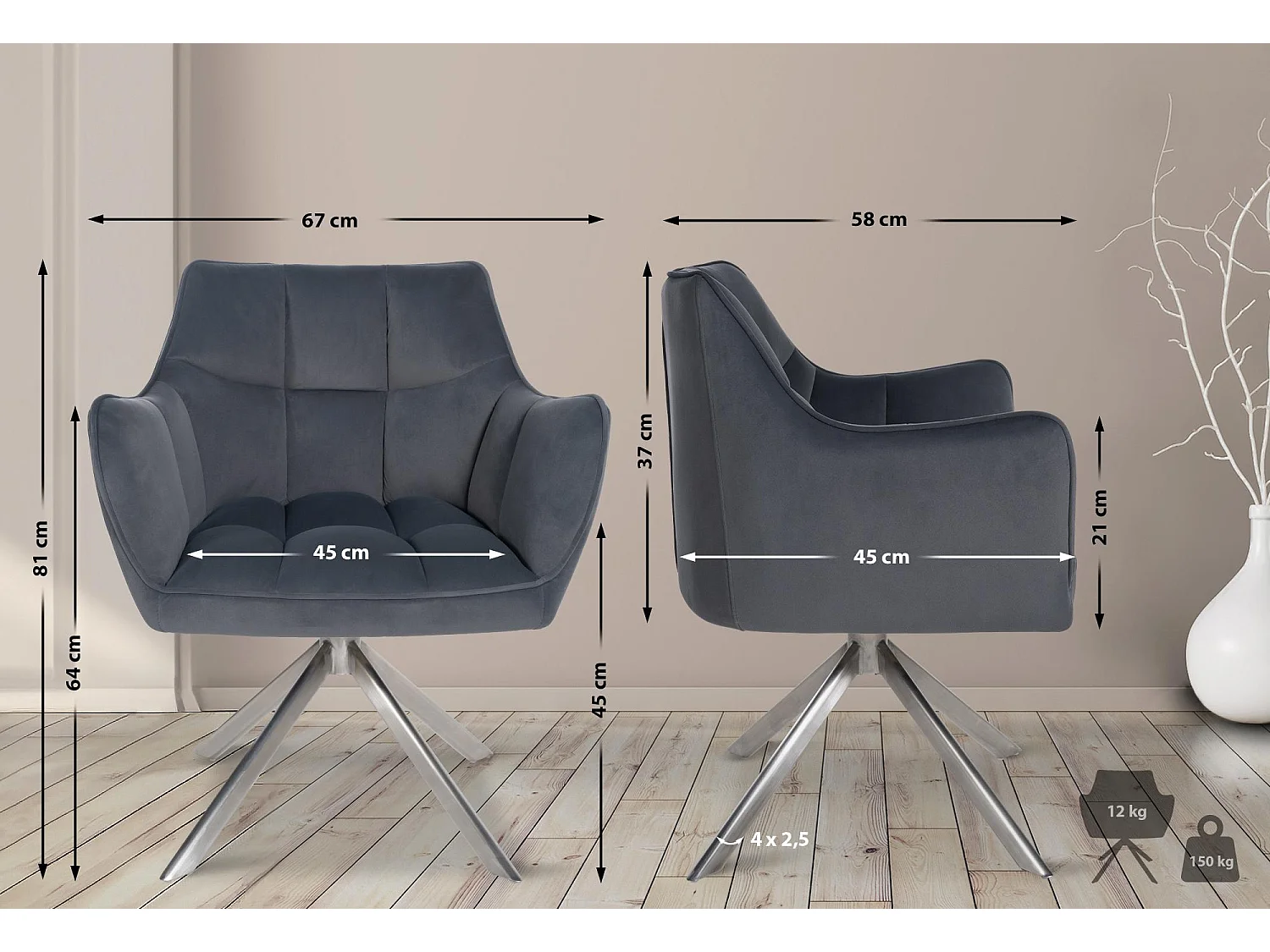 Stoel met armleuningen - Fluweel & roestvrij staal - donkergrijs - Swing