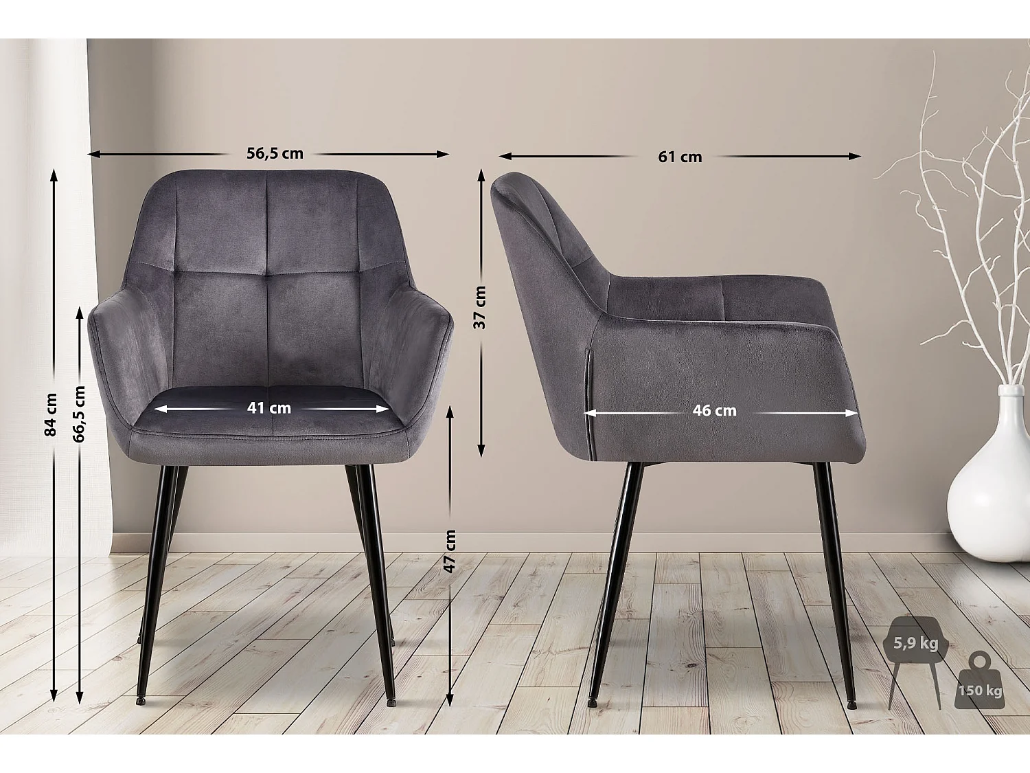 Lot de 4  chaises avec accoudoirs - Velours - Gris - Emia