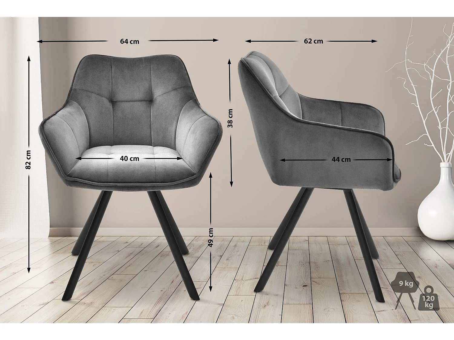 chaises avec accoudoirs - Velours - Gris foncé - Scott