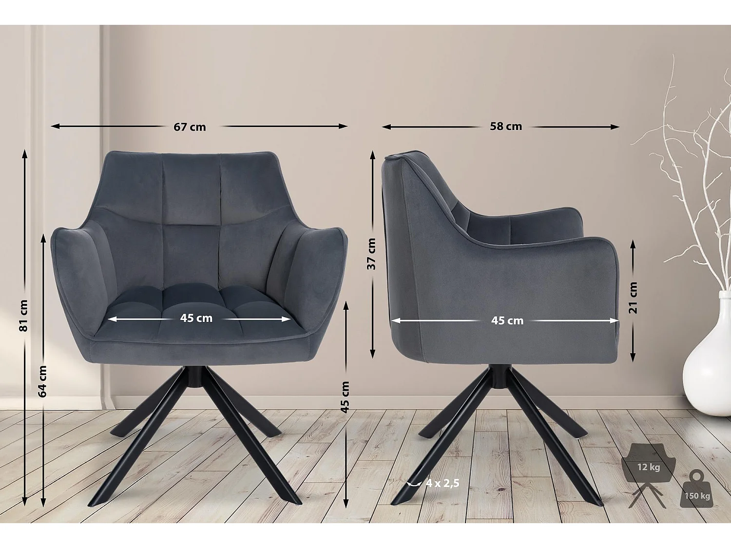 chaises avec accoudoirs - Velours & Noir - Gris foncé - Swing