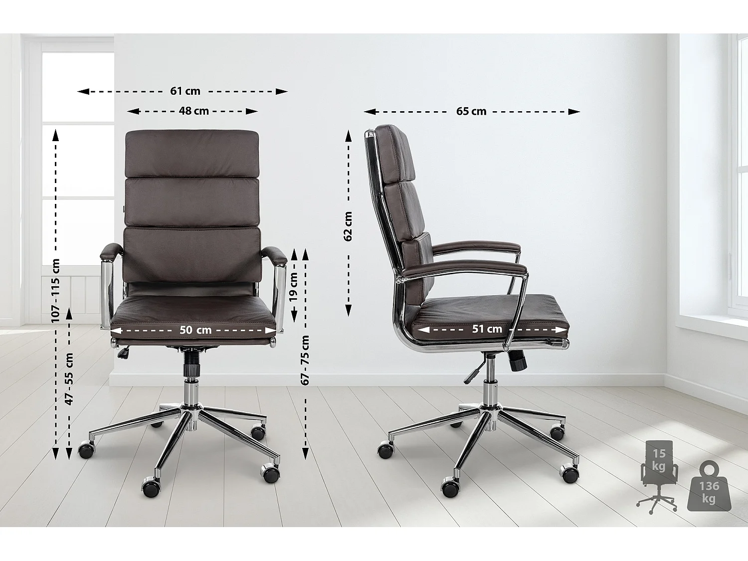 Bürosessel - Echtleder & Metall in Chromoptik - braun - Cleveland