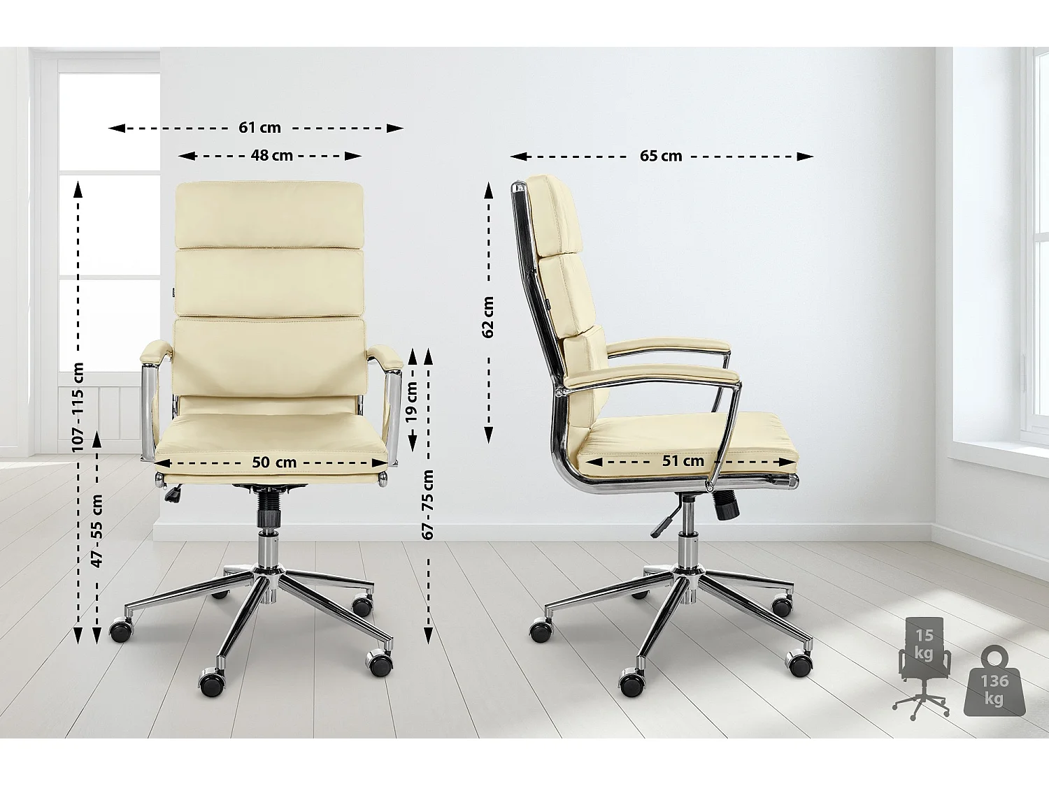Bürosessel - Echtleder & Metall in Chromoptik - creme - Cleveland