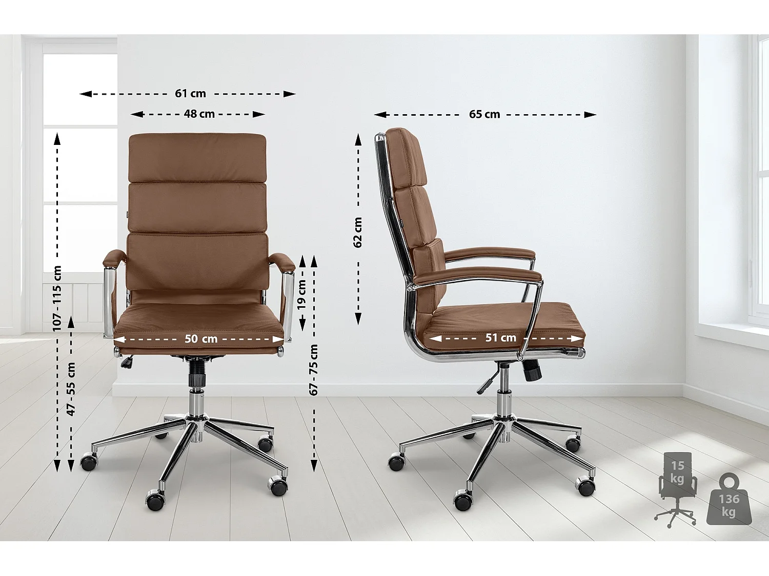Sedia da ufficio - Vera pelle & Metallo in look cromato - marrone chiaro - Cleveland