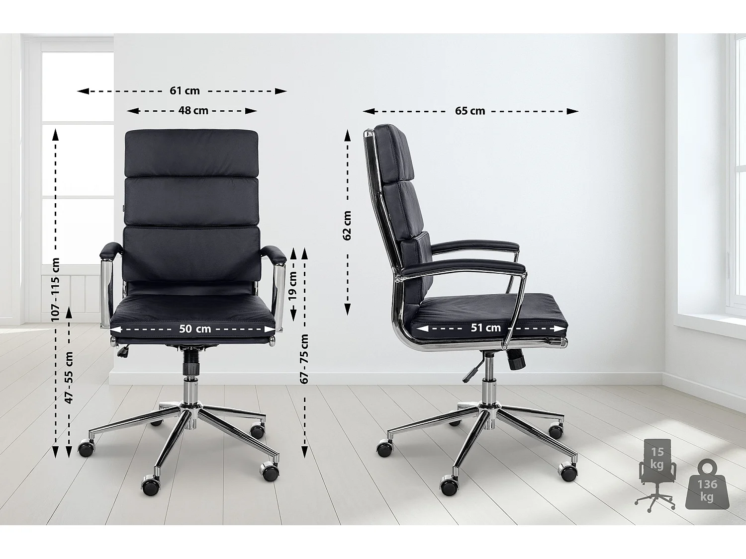 Chaise de bureau - Véritable cuir & Métal chromé - Noir - Cleveland