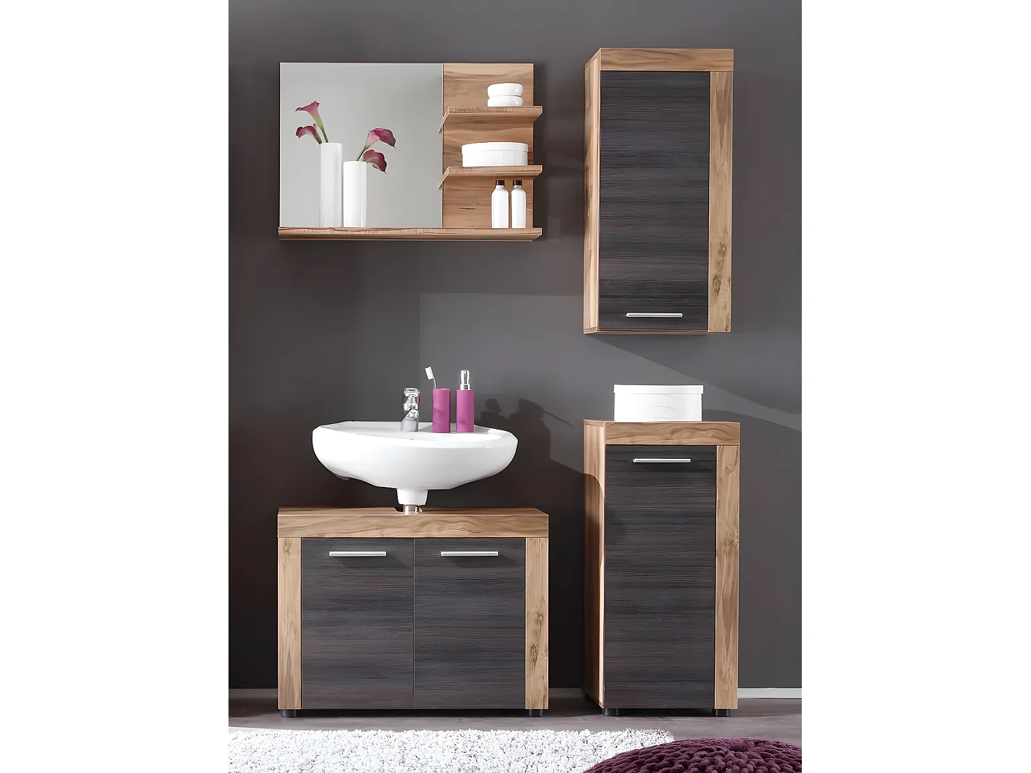 Armoire de toilette 1 porte mélaminé chêne clair et noyer Cali