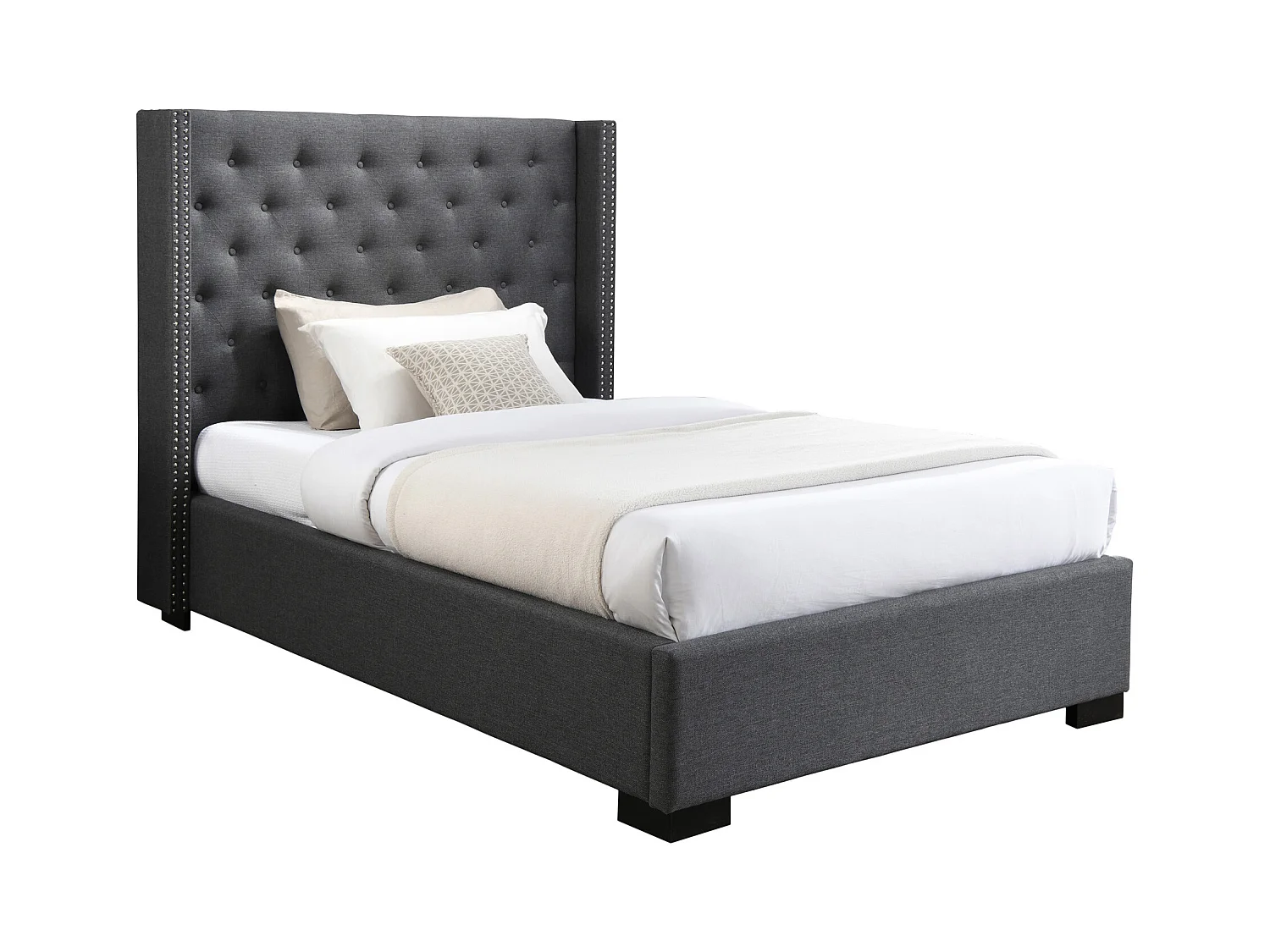 Bett mit gestepptem Kopfteil + Matratze - 120 x 200 cm - Stoff - Grau - MASSIMO