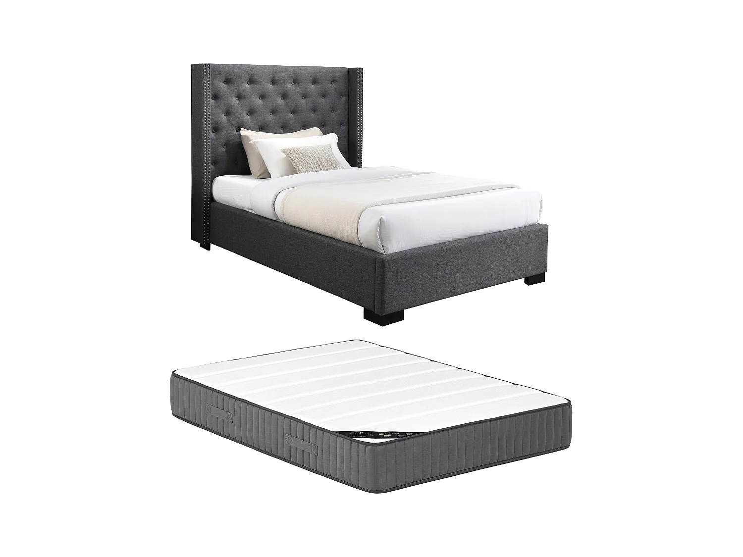 Bett mit gestepptem Kopfteil + Matratze - 120 x 200 cm - Stoff - Grau - MASSIMO