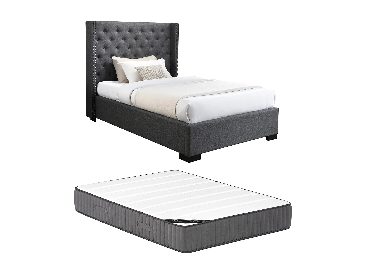 Lit 120 x 200 cm avec tête de lit capitonnée - Tissu - Gris + Matelas - MASSIMO