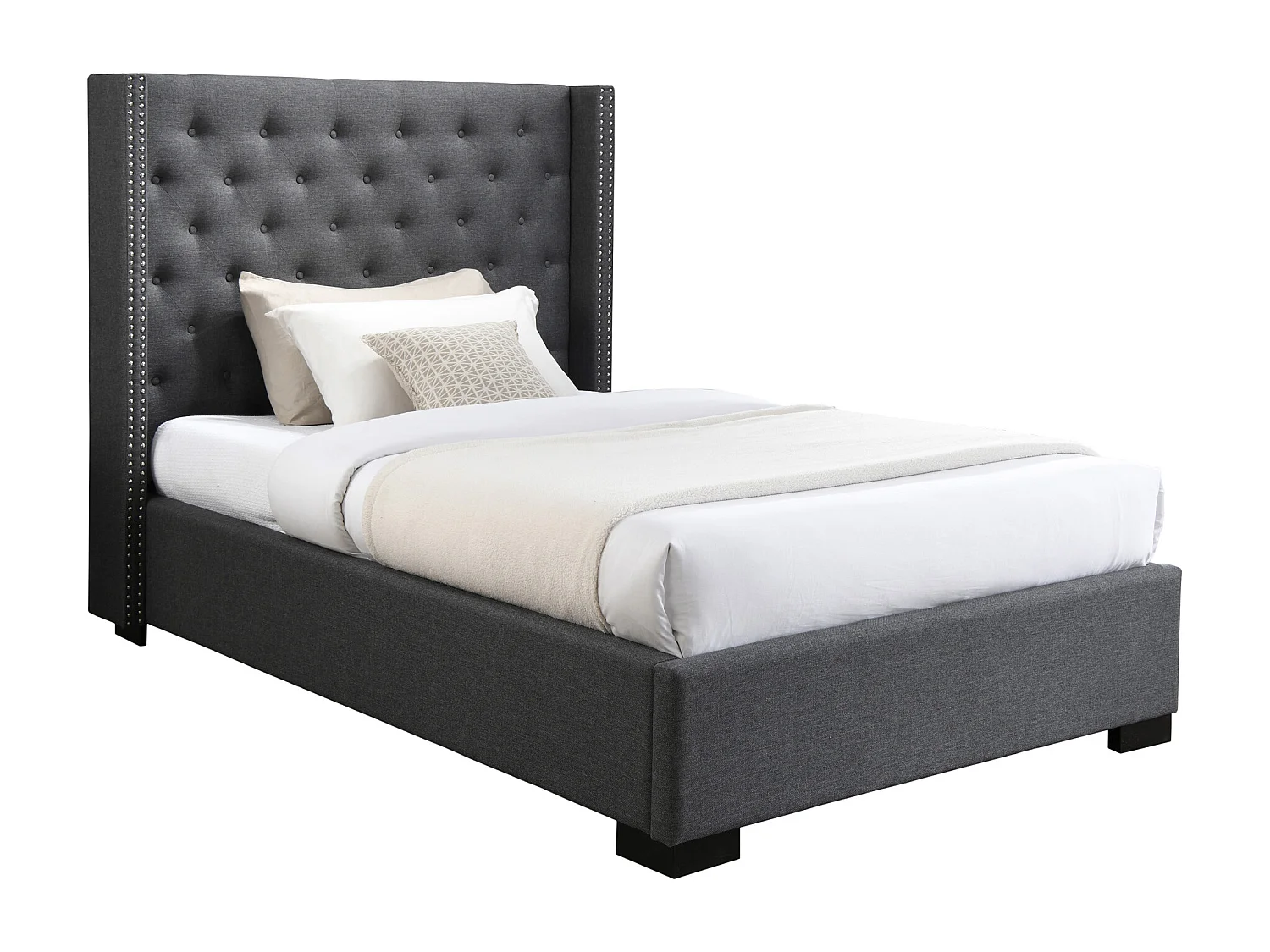 Lit 120 x 200 cm avec tête de lit capitonnée - Tissu - Gris + Matelas - MASSIMO