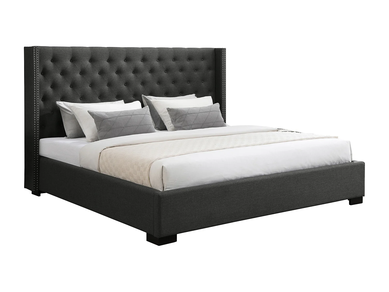 Lit 200 x 200 cm avec tête de lit capitonnée - Tissu - Gris + Matelas - MASSIMO