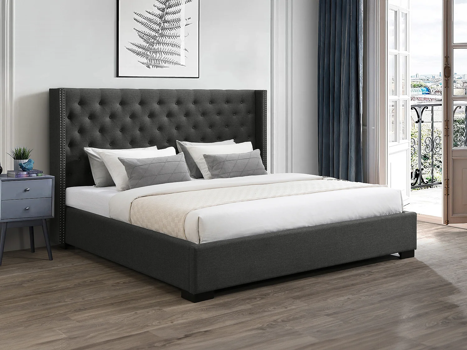 Lit 200 x 200 cm avec tête de lit capitonnée - Tissu - Gris + Matelas - MASSIMO
