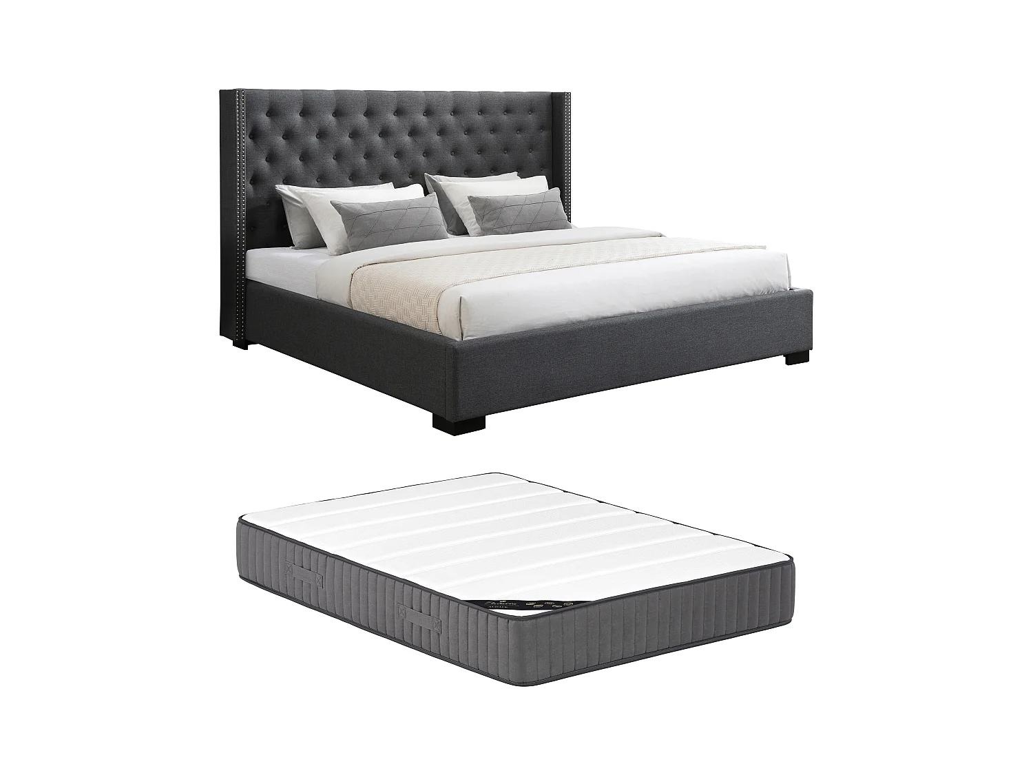 Cama de 200 x 200 cm con cabecero capitoné - Tela - Gris + Colchón - MASSIMO