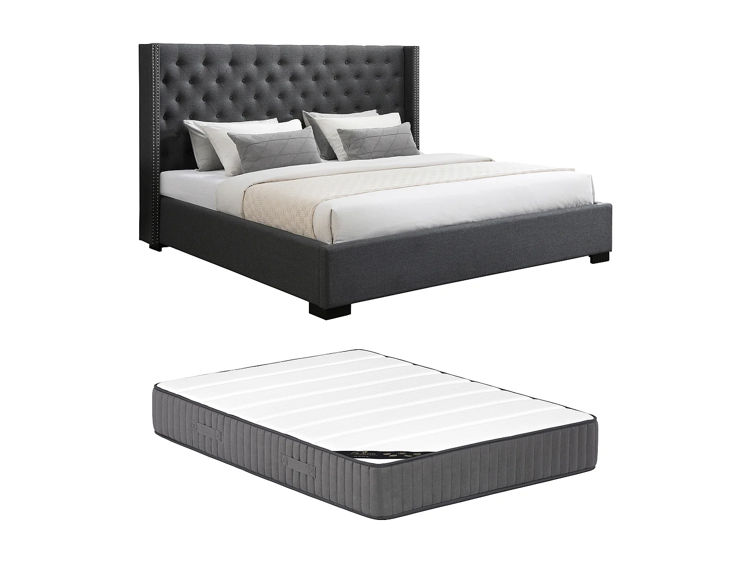 Bed 200 x 200 cm met hoofdbord met capitons - Stof - Grijs + matras - MASSIMO