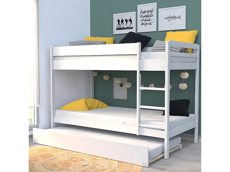 Lit superposé avec tiroir lit - 3 x 90 x 190 cm - Bois Pin massif - Blanc - Sommiers inclus - WALLY