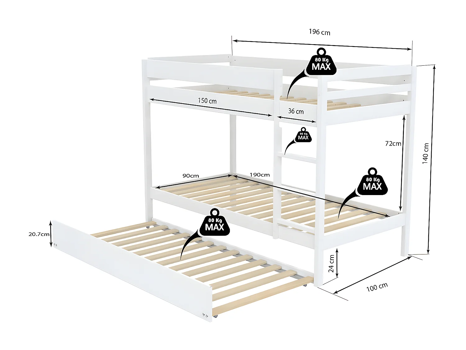 Lit superposé avec tiroir lit - 3 x 90 x 190 cm - Bois Pin massif - Blanc - Sommiers inclus - WALLY