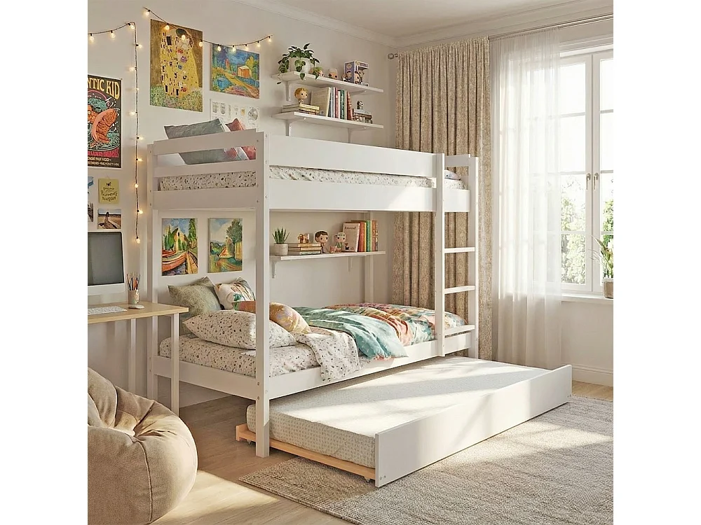 Lit superposé avec tiroir lit - 3 x 90 x 190 cm - Bois Pin massif - Blanc - Sommiers inclus - WALLY