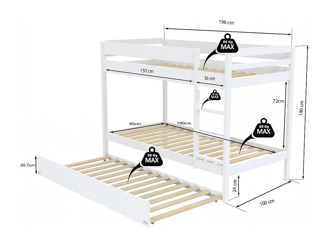 Lit superposé avec tiroir lit - 3 x 90 x 190 cm - Bois Pin massif - Blanc - Sommiers inclus - WALLY