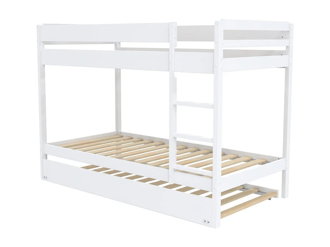 Lit superposé avec tiroir lit - 3 x 90 x 190 cm - Bois Pin massif - Blanc - Sommiers inclus - WALLY