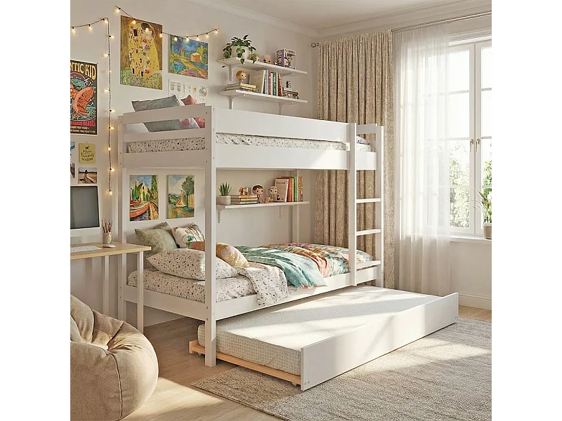 Lit superposé avec tiroir lit - 3 x 90 x 190 cm - Bois Pin massif - Blanc - Sommiers inclus - WALLY
