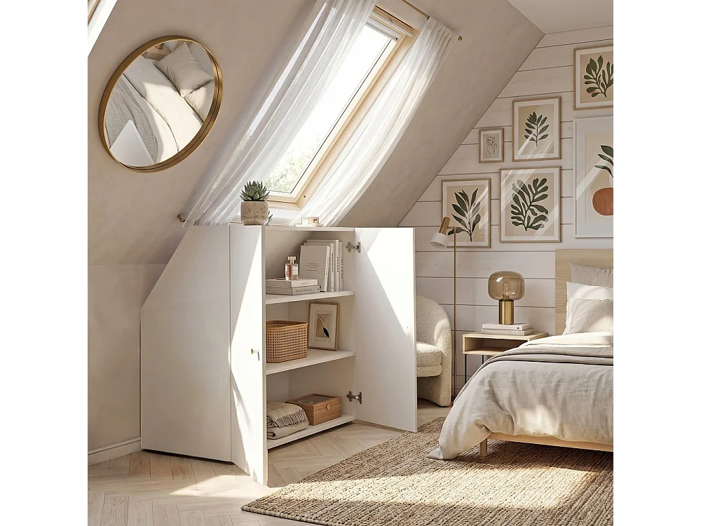 Meuble de rangement sous pente 2 portes CALI Blanc - H. 100 x L. 100 x P. 51.8 cm