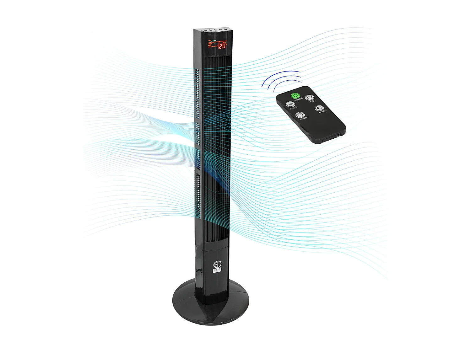 Ventilateur colonne tour oscillant sur pied 116cm piédestal noir +télécomande