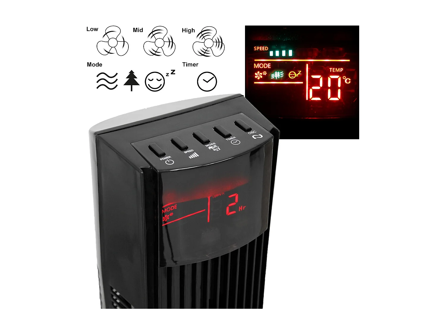 Ventilateur colonne tour oscillant sur pied 116cm piédestal noir +télécomande