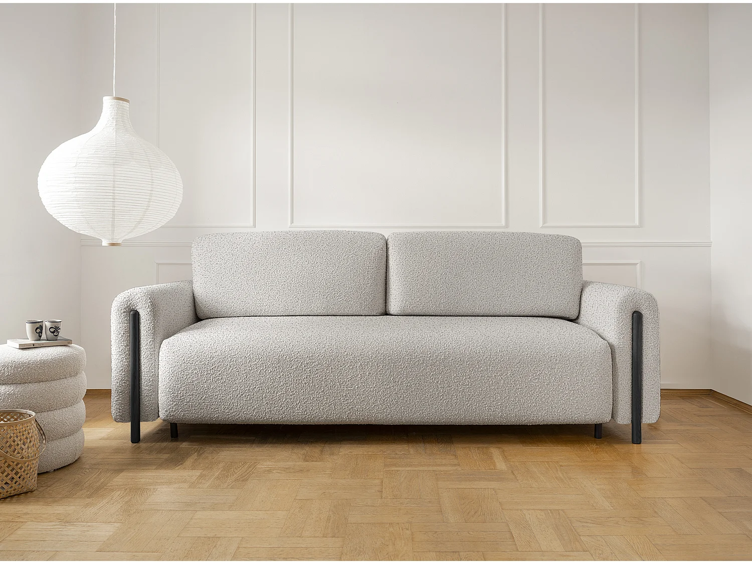 Canapé convertible en tissu bouclette DOVA - Pieds bois massif noir-Beige clair