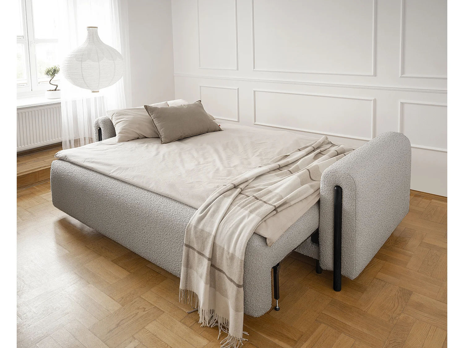 Moderne 4-zitsbank in lusstof en zwarte houten poten Dova 244 cm-Kleur Licht beige