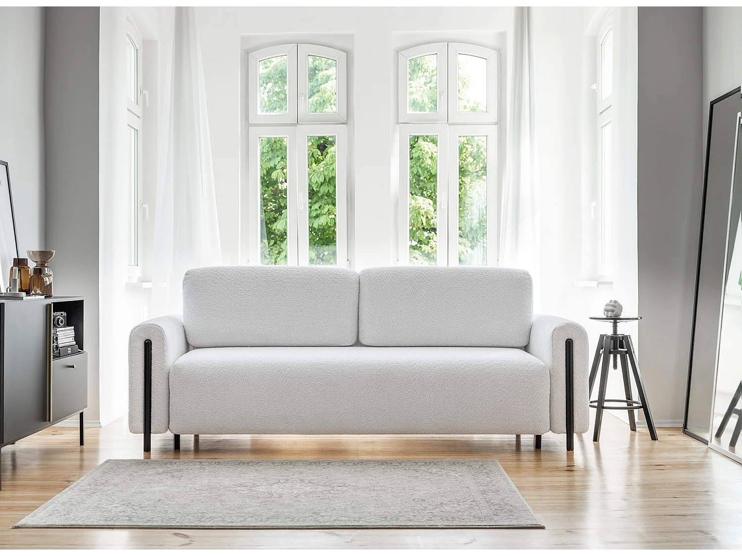 Moderne 4-zitsbank in lusstof en zwarte houten poten Dova 244 cm-Kleur Licht beige