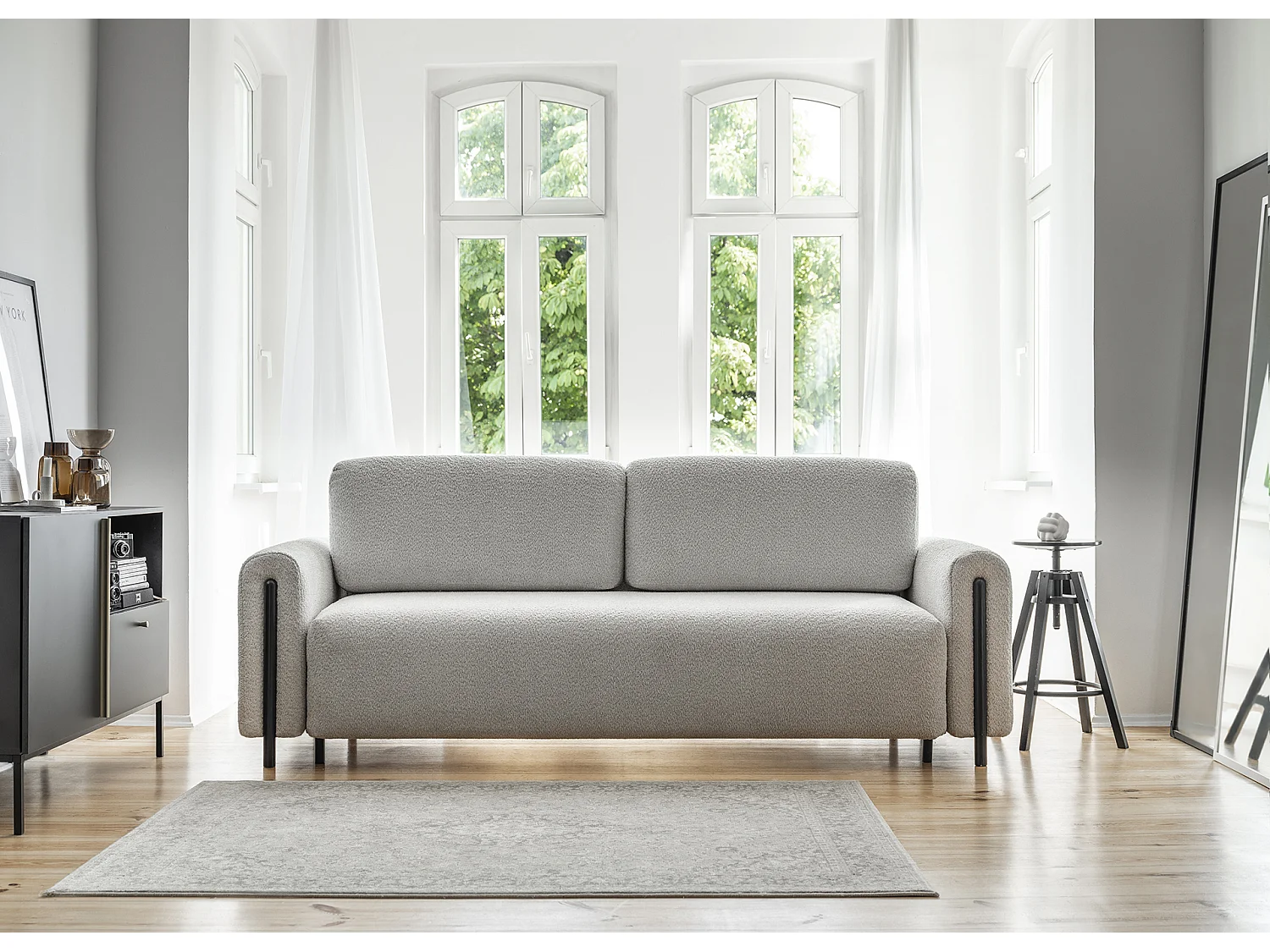 Moderne 4-zitsbank in lusstof en zwarte houten poten Dova 244 cm-Kleur Lichtgrijs