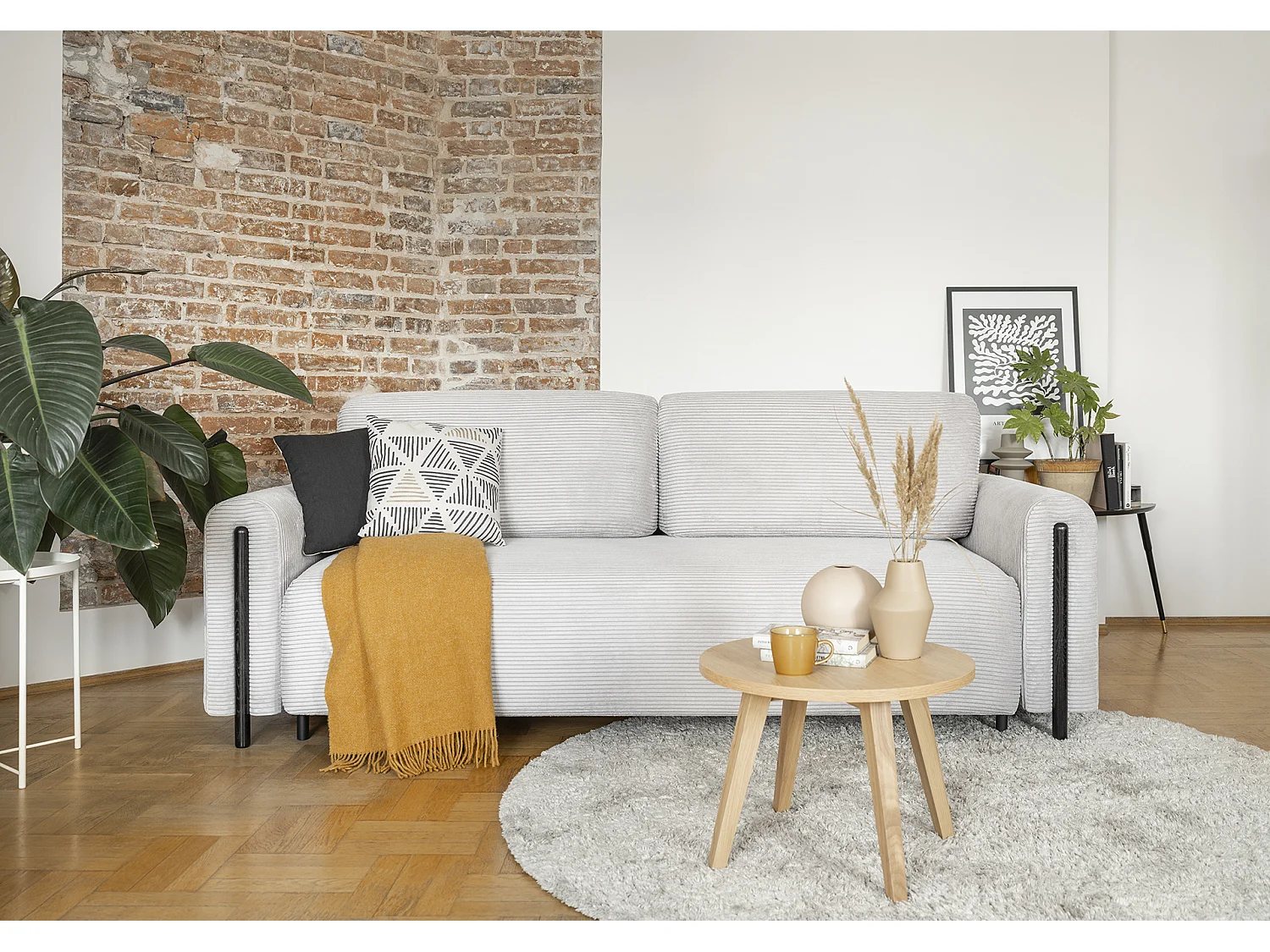 Canapé convertible en tissu bouclette DOVA - Pieds bois massif noir-Gris ciment